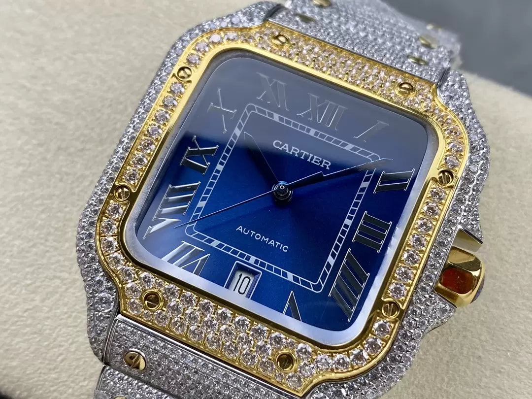 Santos De Cartier Diamond Watches Blue Dial and Gold 1:1 Best Edition AMG Factory Swarovski Stone