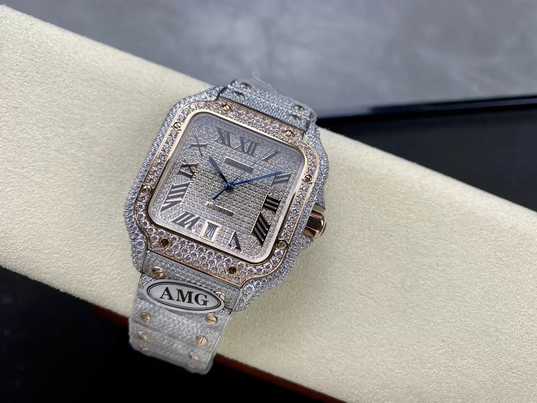 Santos De Cartier Relojes con diamantes Esfera de oro rosa 1:1 Mejor edición AMG Factory Swarovski Stone