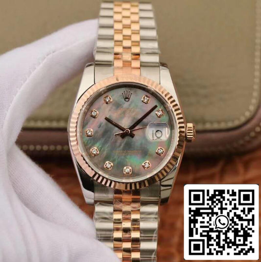 Rolex Datejust 36mm GM Factory 1:1 Best Edition quadrante grigio indici con diamanti avvolto in oro 18 carati svizzero ETA3135