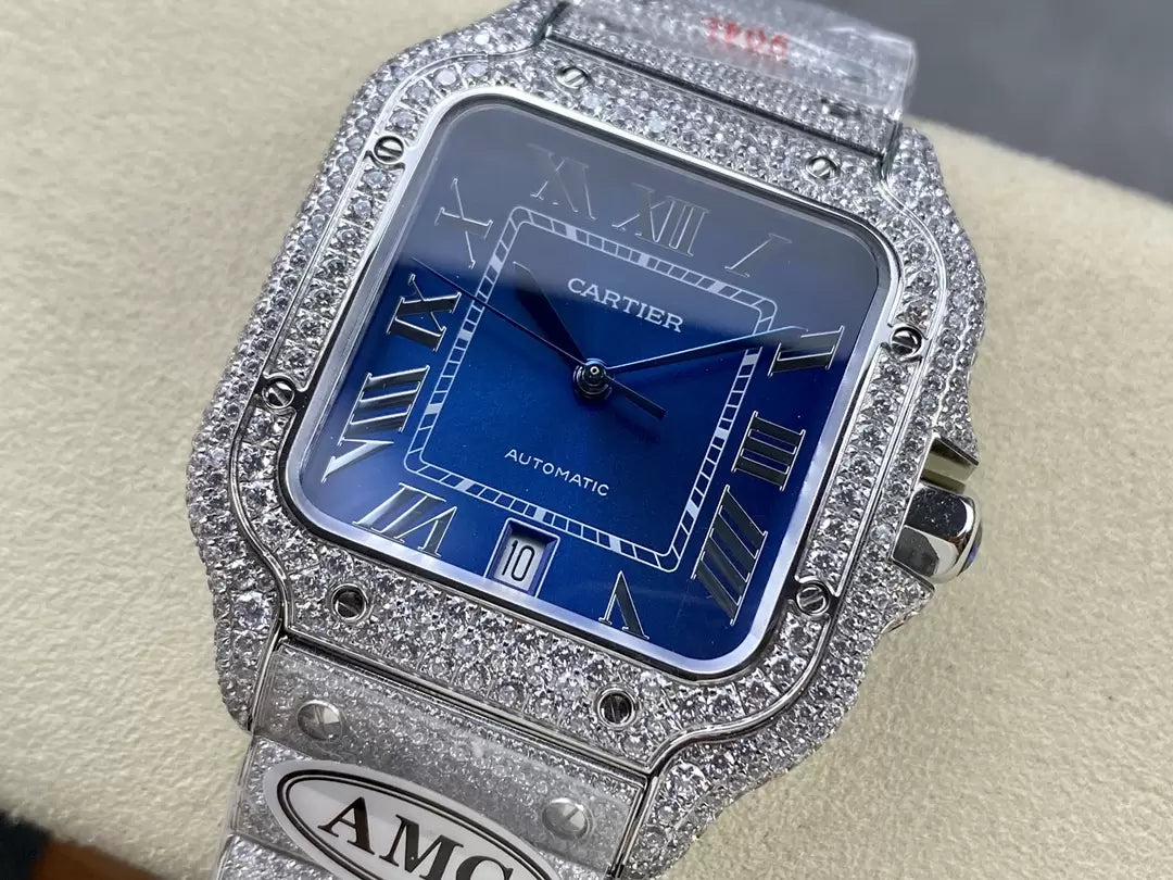 Santos De Cartier Diamond Watches Blue Dial and Silver 1:1 Best Edition AMG Factory Swarovski Stone