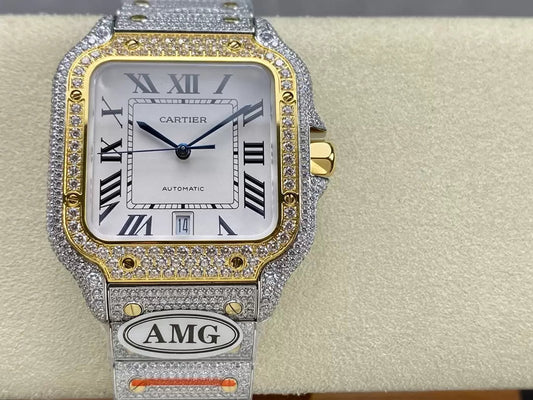 Santos De Cartier Orologi con diamanti quadrante bianco e oro 1:1 Best Edition AMG Factory Swarovski Stone