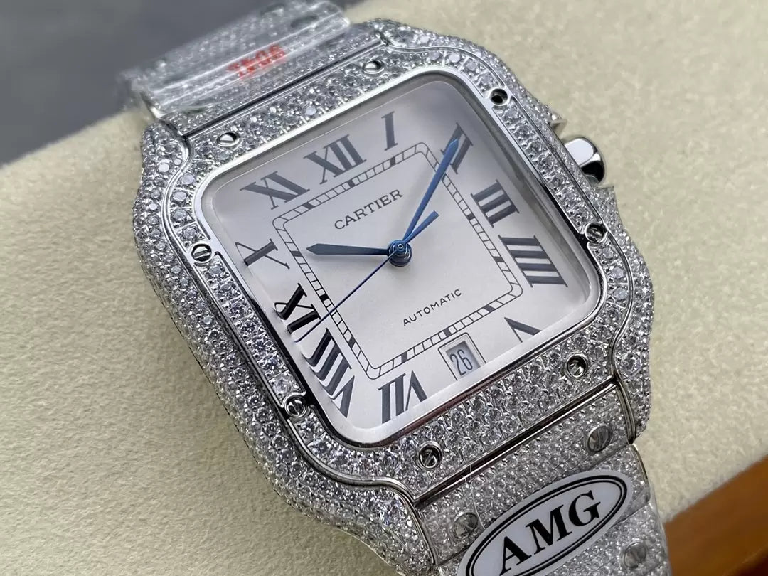 Santos De Cartier Diamond Watches White Dial and Silver 1:1 Best Edition AMG Factory Swarovski Stone