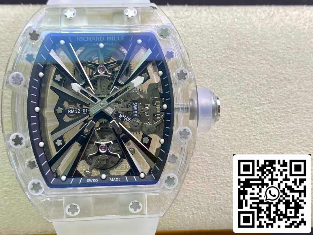 Richard Mille RM12-01 1: 1 Best Edition RM Factory Tourbillon versione trasparente cinturino bianco