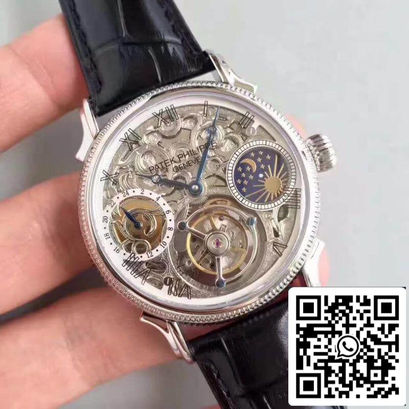 Patek Philippe Tourbillon Moonphase 1:1 Mejor Edición Tourbillon Suizo Esqueleto y Esfera Blanca