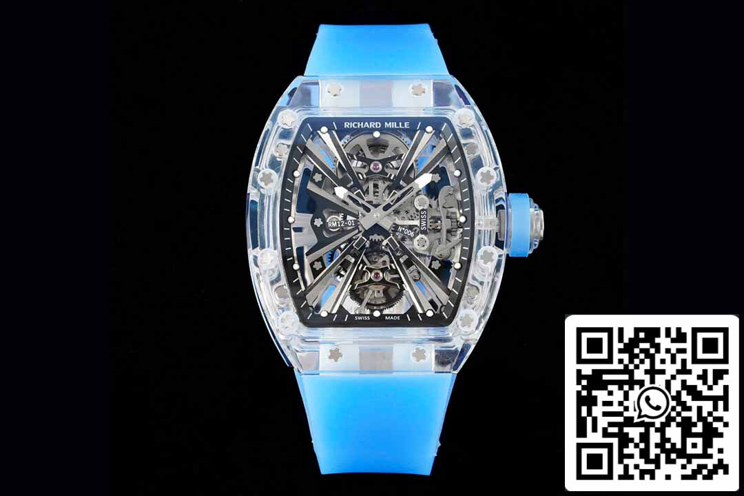 Richard Mille RM12-01 1:1 Best Edition RM Factory Tourbillon Transparent Version Blue Strap