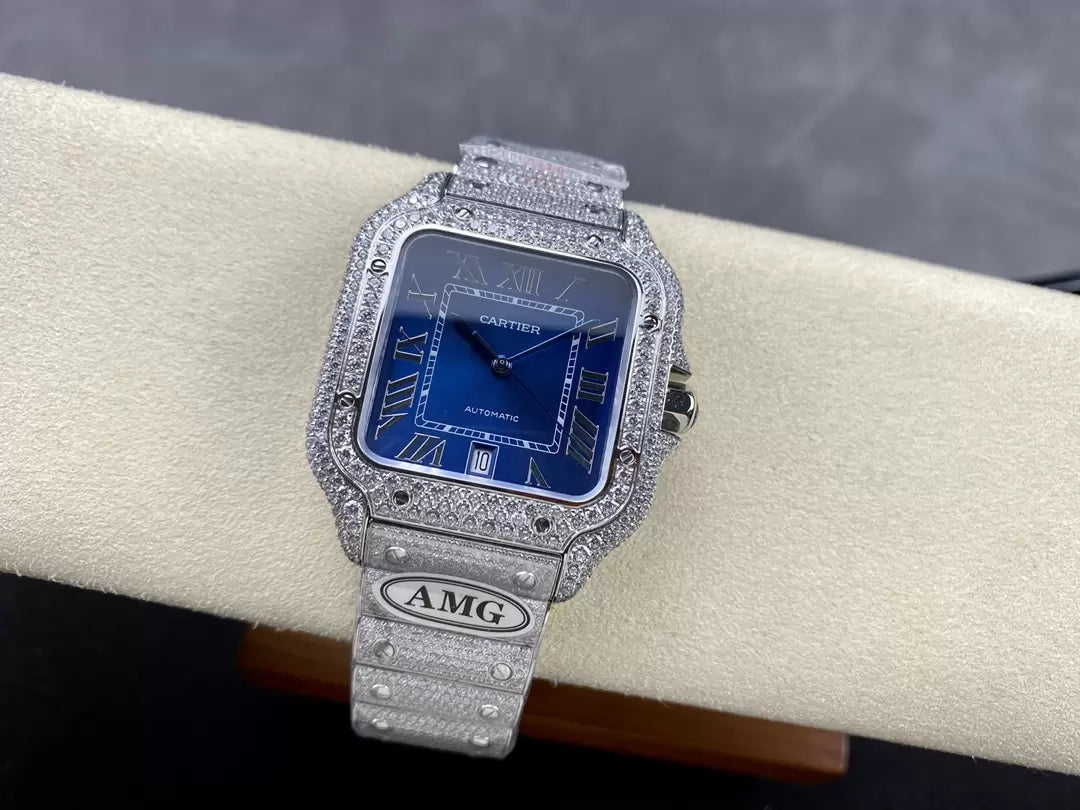 Santos De Cartier Relojes con diamantes Esfera azul y plata 1:1 Mejor edición AMG Factory Swarovski Stone