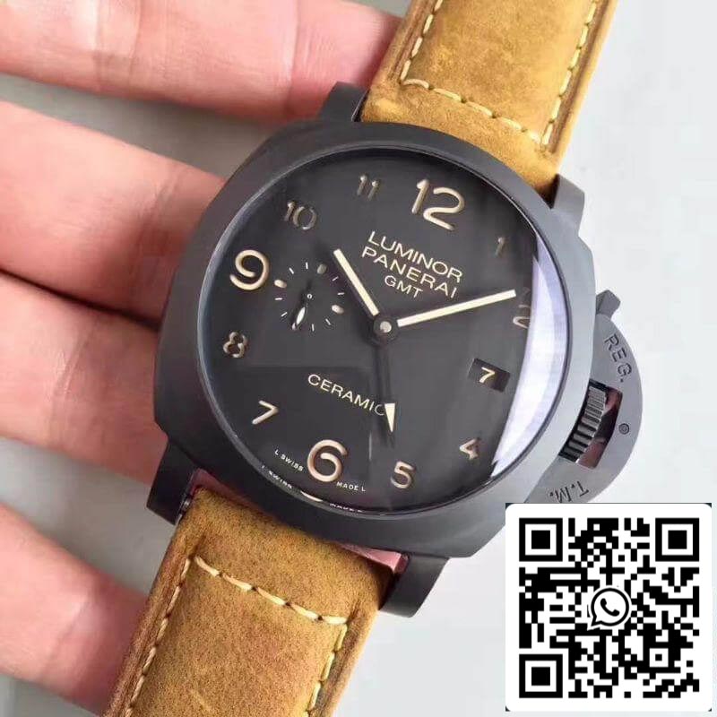 Panerai Luminor PAM441 VS Caja de cerámica de fábrica 1:1 Mejor edición Swiss ETA P9001 Correa de cuero marrón