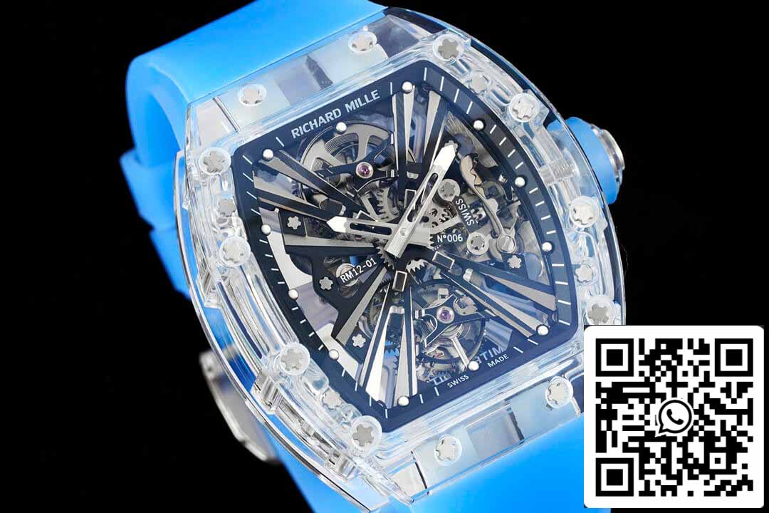 Richard Mille RM12-01 1:1 Best Edition RM Factory Tourbillon Transparent Version Blue Strap