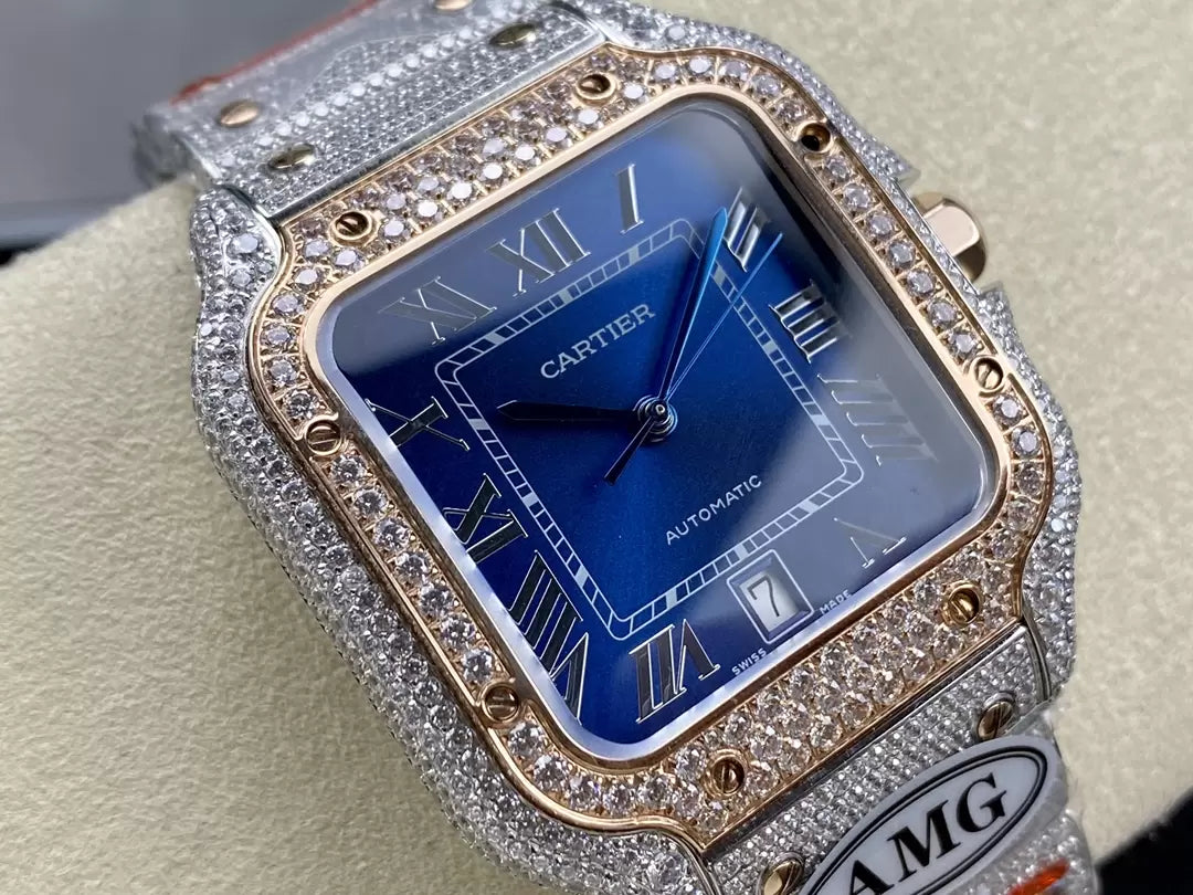 Santos De Cartier Relojes con diamantes Esfera azul 1:1 Mejor edición AMG Factory Swarovski Stone