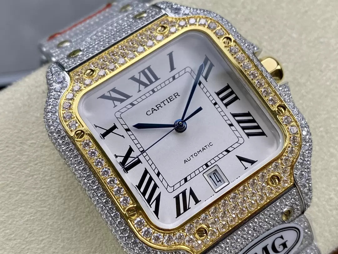 Santos De Cartier Diamond Watches White Dial and Gold 1:1 Best Edition AMG Factory Swarovski Stone