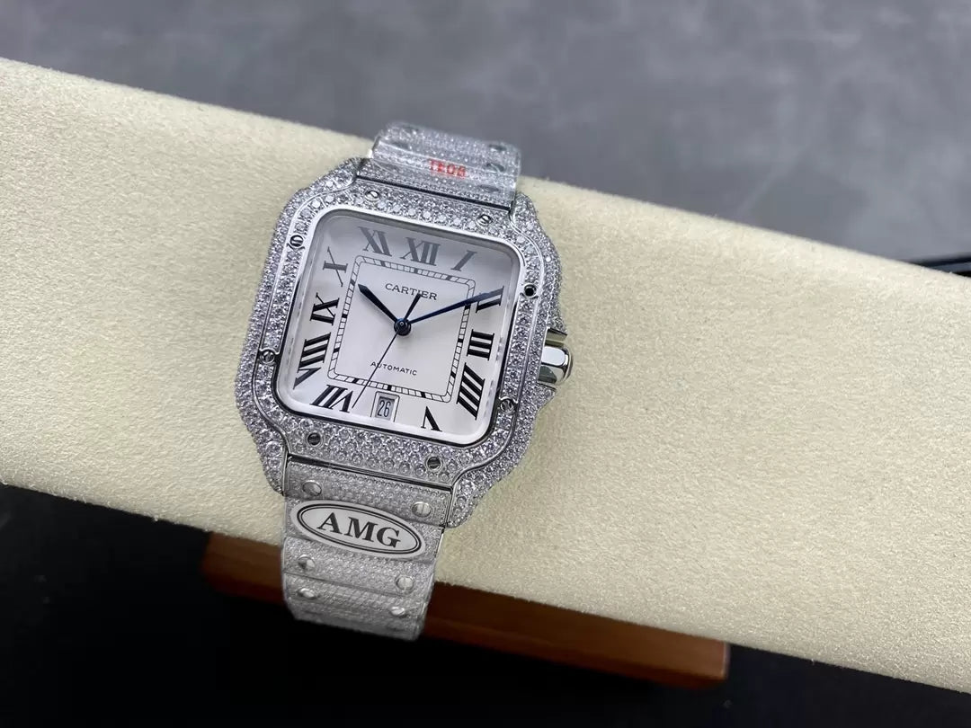 Santos De Cartier Diamond Watches White Dial and Silver 1:1 Best Edition AMG Factory Swarovski Stone