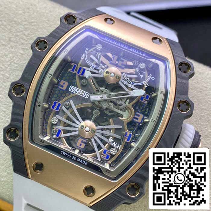 Richard Mille RM21-01 1:1 Mejor Edición RM Factory Tourbillon Esfera Esqueleto Correa Blanca