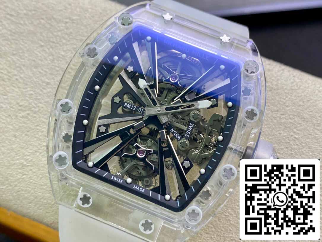 Richard Mille RM12-01 1: 1 Best Edition RM Factory Tourbillon versione trasparente cinturino bianco