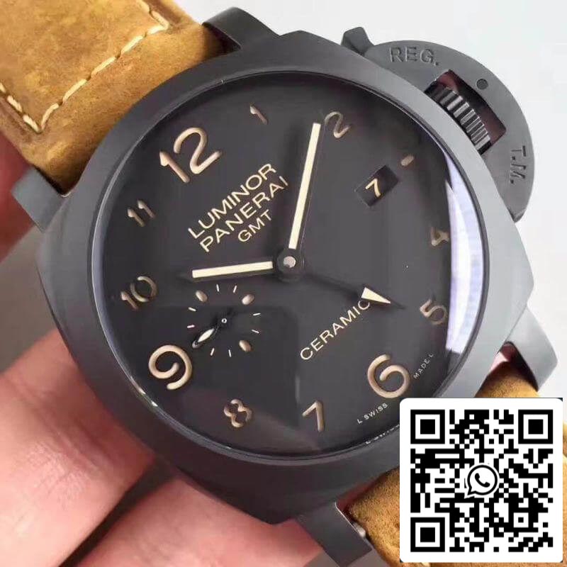 Panerai Luminor PAM441 VS Caja de cerámica de fábrica 1:1 Mejor edición Swiss ETA P9001 Correa de cuero marrón