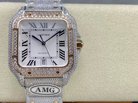 Santos De Cartier orologi con diamanti quadrante bianco 1:1 migliore edizione AMG Factory Swarovski Stone