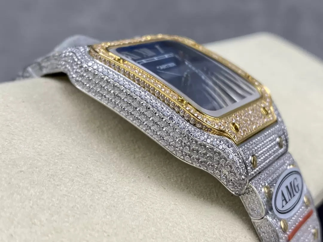 Santos De Cartier Diamond Watches Blue Dial and Gold 1:1 Best Edition AMG Factory Swarovski Stone