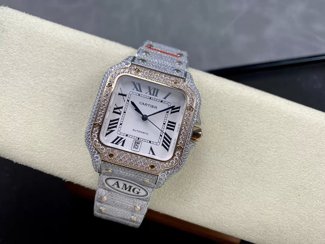 Santos De Cartier Diamond Watches White Dial 1:1 Best Edition AMG Factory Swarovski Stone