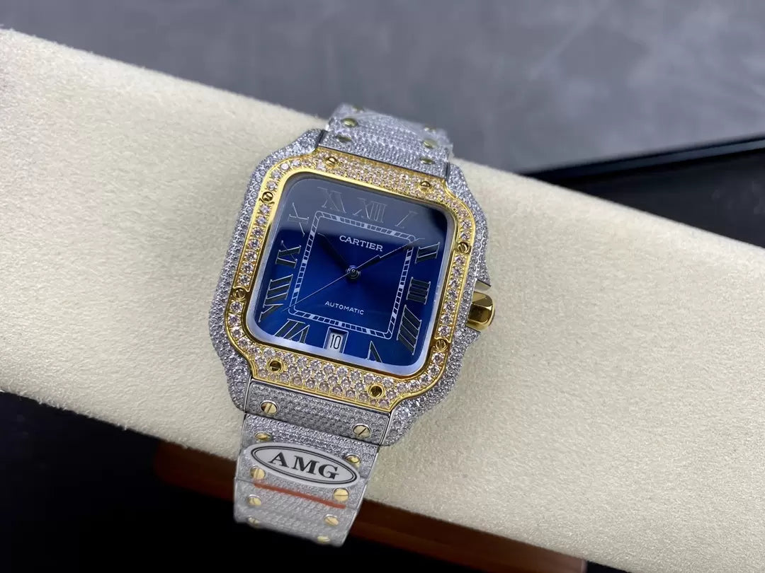 Santos De Cartier Diamond Watches Blue Dial and Gold 1:1 Best Edition AMG Factory Swarovski Stone