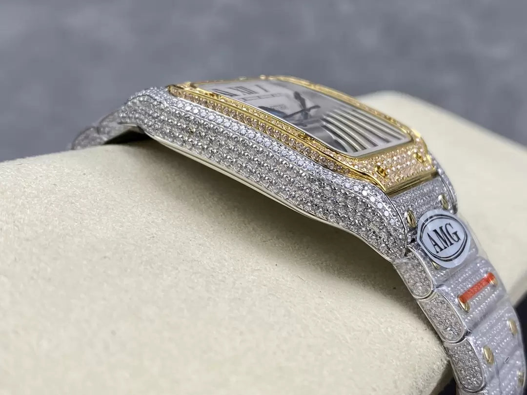 Santos De Cartier Relojes con diamantes Esfera blanca y oro 1:1 Mejor edición AMG Factory Swarovski Stone