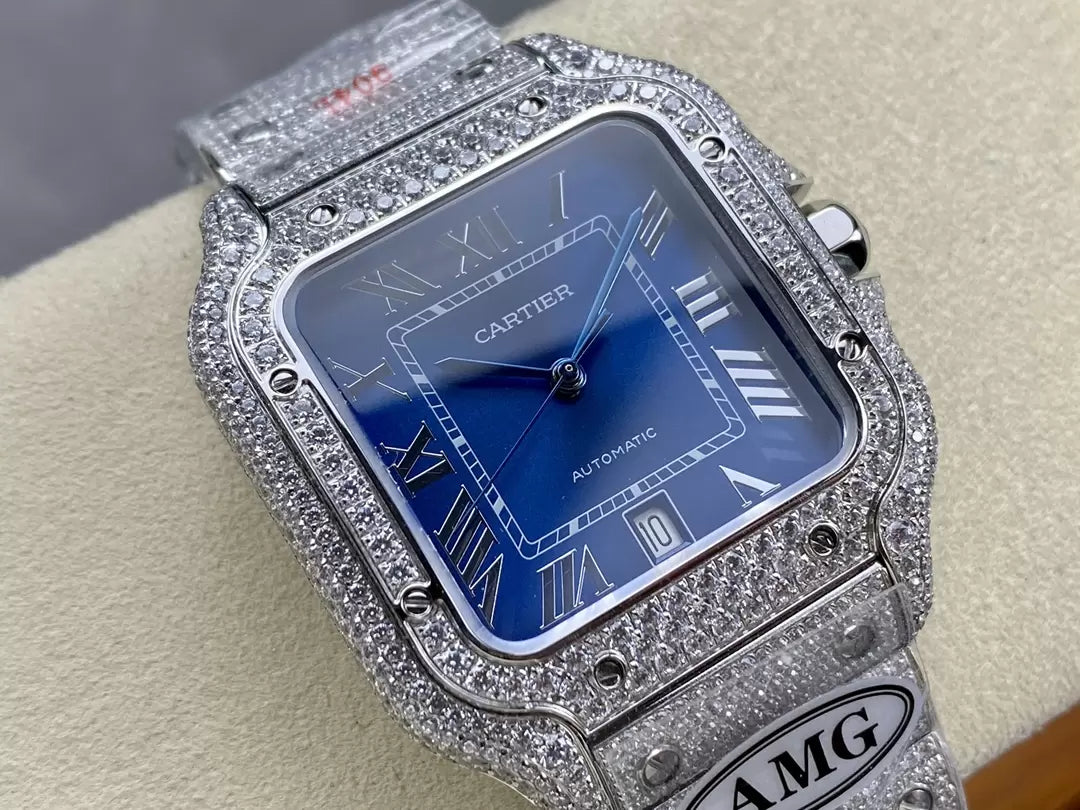 Santos De Cartier Relojes con diamantes Esfera azul y plata 1:1 Mejor edición AMG Factory Swarovski Stone