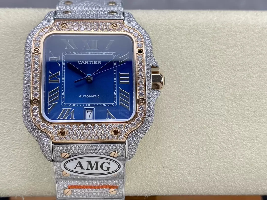 Santos De Cartier Relojes con diamantes Esfera azul 1:1 Mejor edición AMG Factory Swarovski Stone