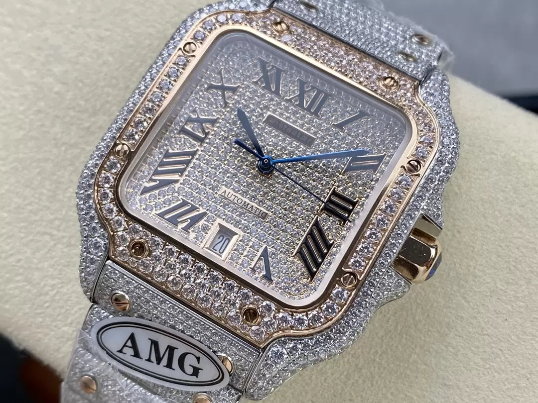 Santos De Cartier Relojes con diamantes Esfera de oro rosa 1:1 Mejor edición AMG Factory Swarovski Stone