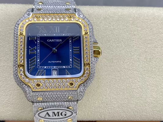 Orologi con diamanti Santos De Cartier quadrante blu e oro 1:1 Best Edition AMG Factory Swarovski Stone