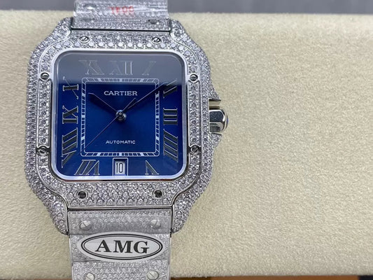 Santos De Cartier Relojes con diamantes Esfera azul y plata 1:1 Mejor edición AMG Factory Swarovski Stone