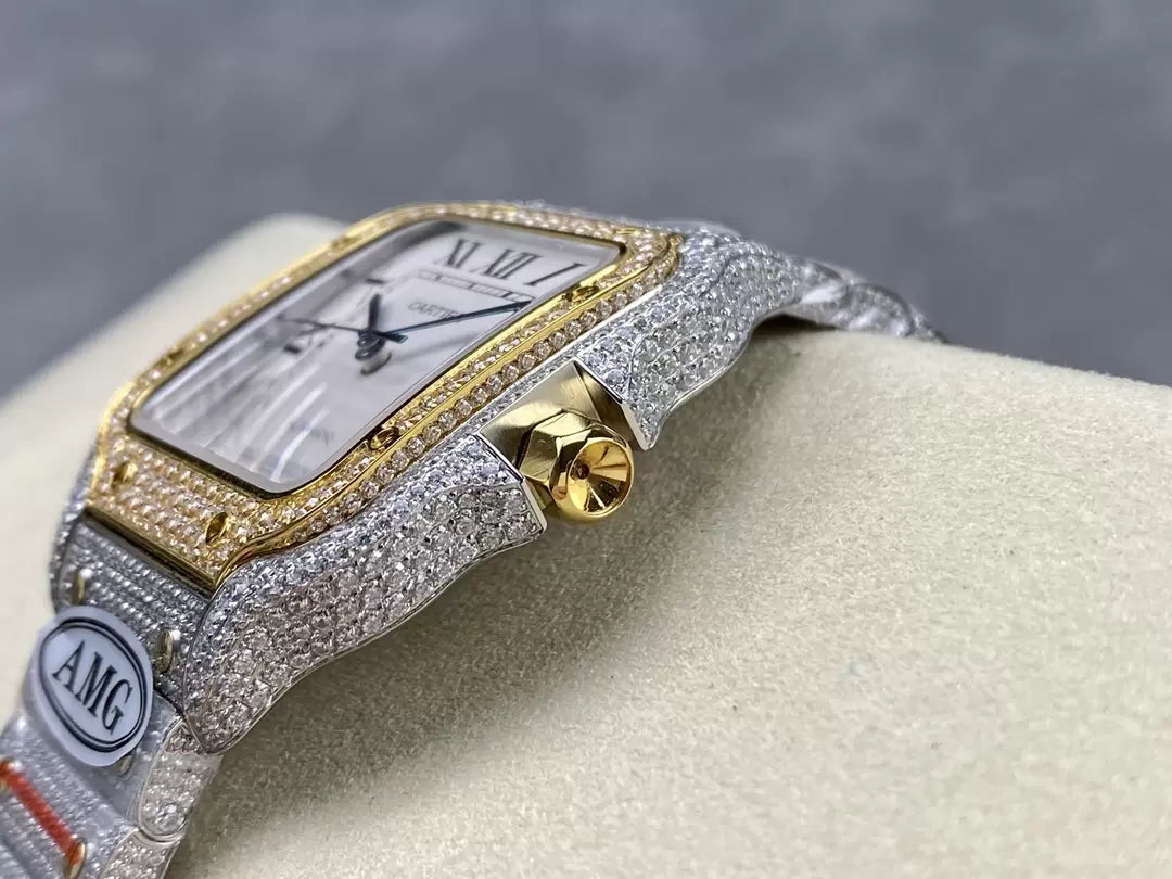 Santos De Cartier Relojes con diamantes Esfera blanca y oro 1:1 Mejor edición AMG Factory Swarovski Stone