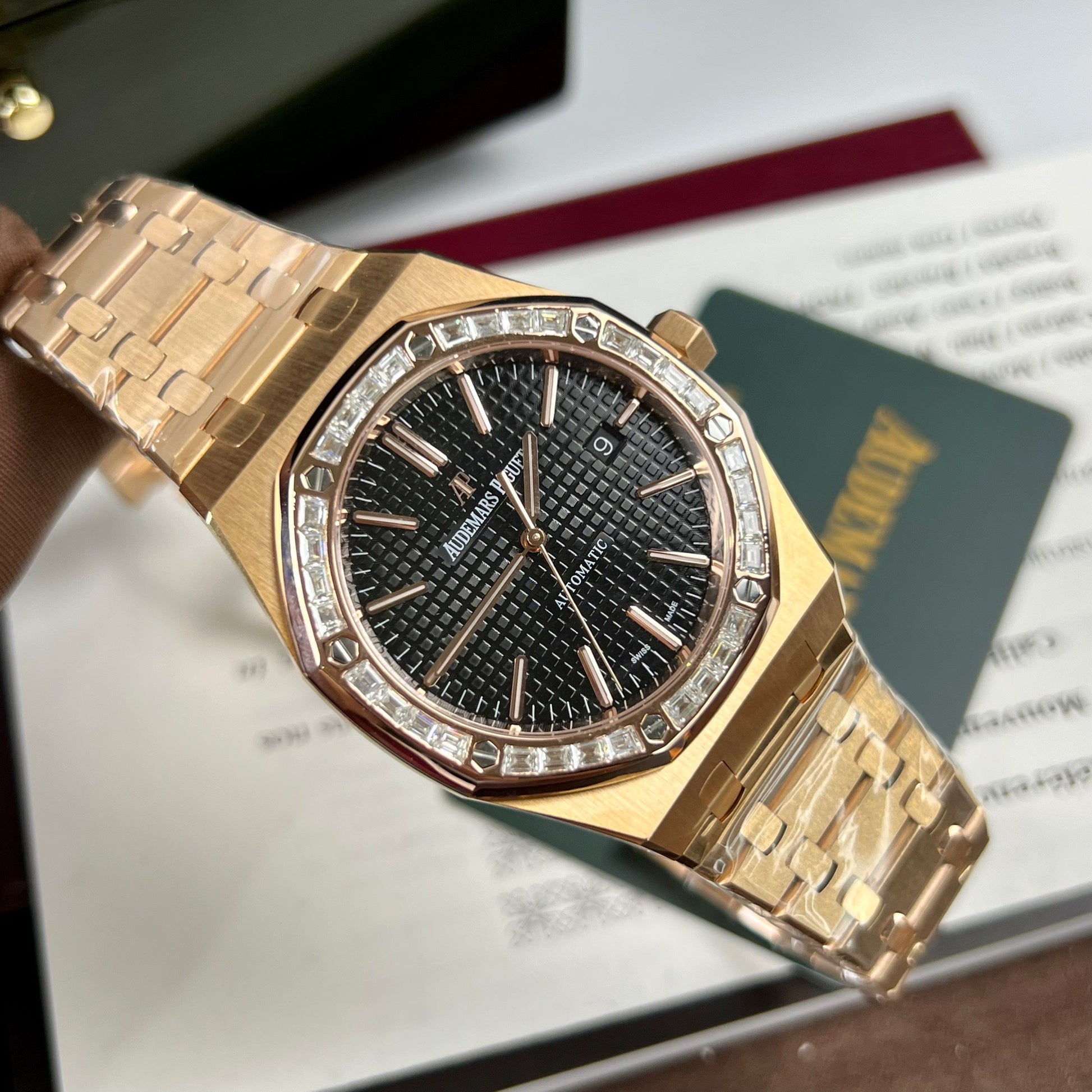 Audemars Piguet Royal Oak 15400OR custom Moissanite baguette and 18k rose gold EU Watch Store