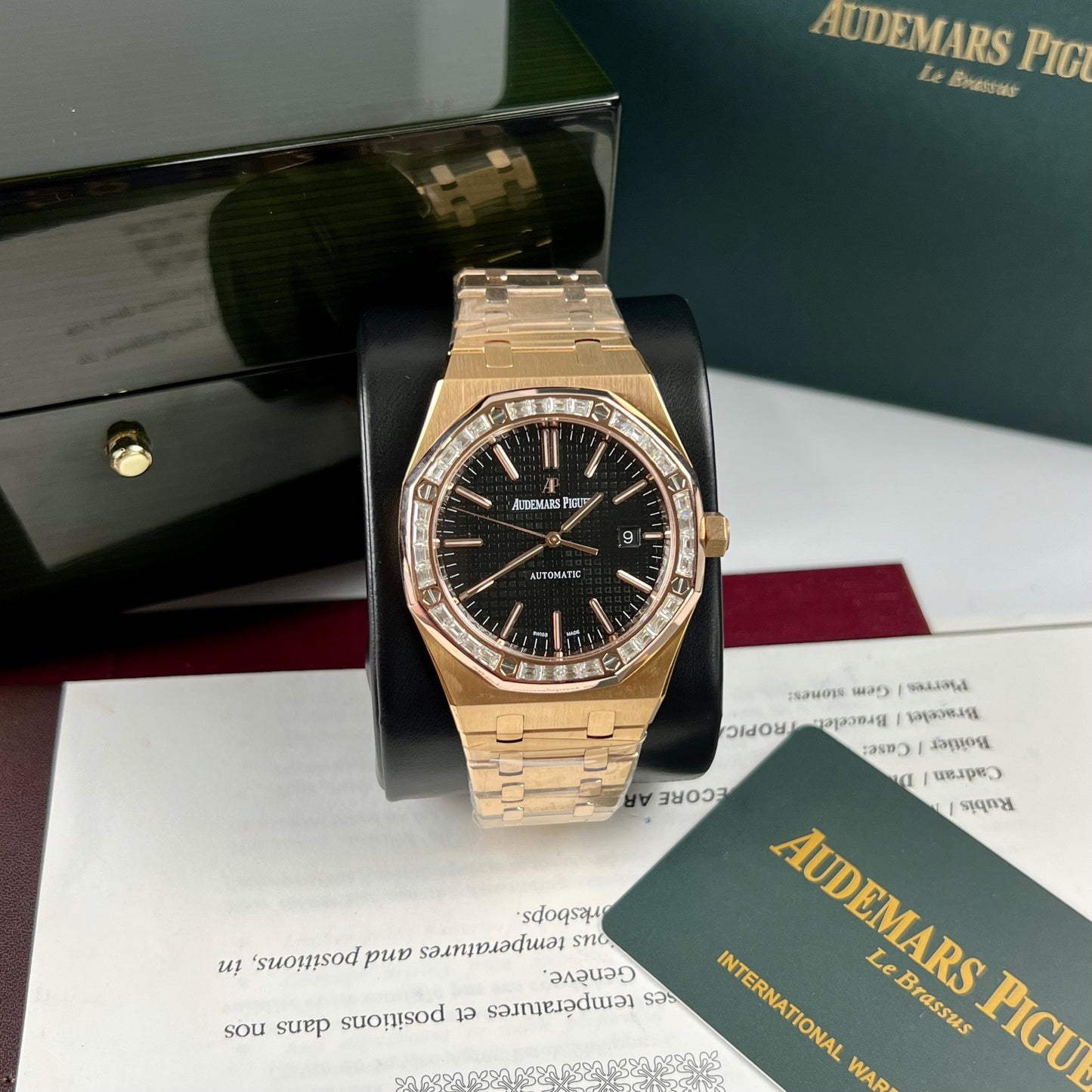 Audemars Piguet Royal Oak 15400OR custom Moissanite baguette and 18k rose gold EU Watch Store