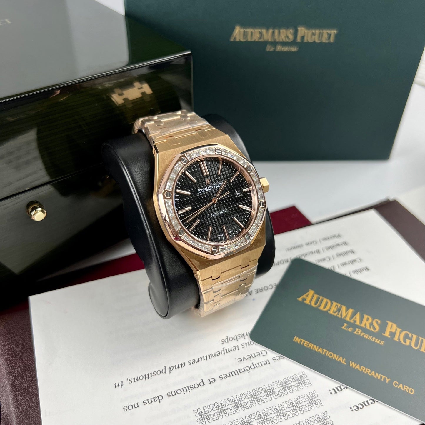 Audemars Piguet Royal Oak 15400OR custom Moissanite baguette and 18k rose gold EU Watch Store