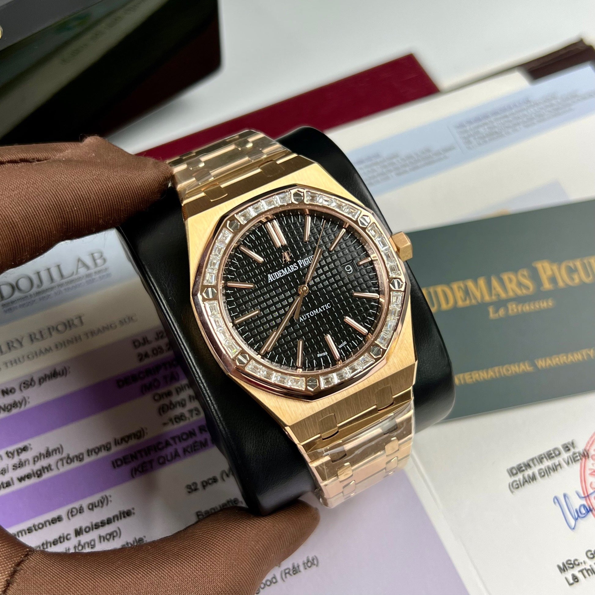 Audemars Piguet Royal Oak 15400OR custom Moissanite baguette and 18k rose gold EU Watch Store