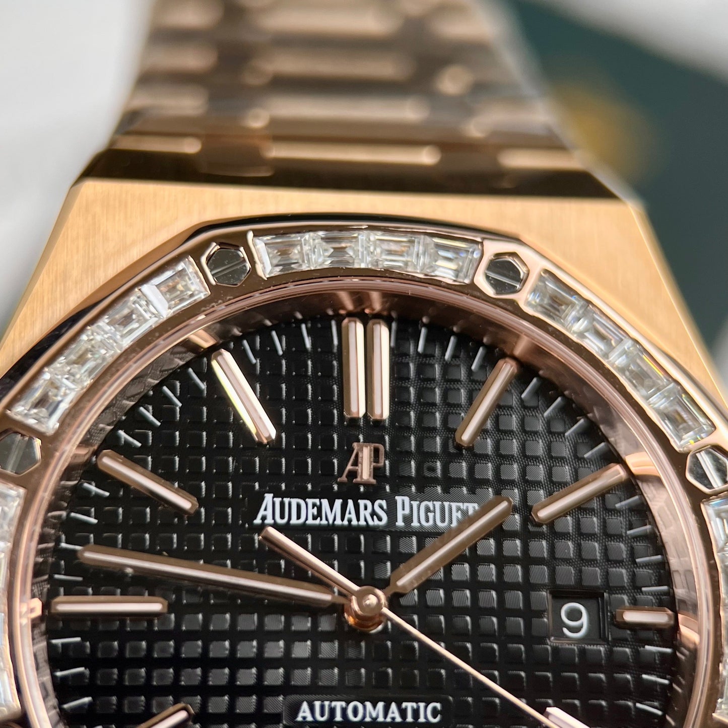 Audemars Piguet Royal Oak 15400OR custom Moissanite baguette and 18k rose gold EU Watch Store