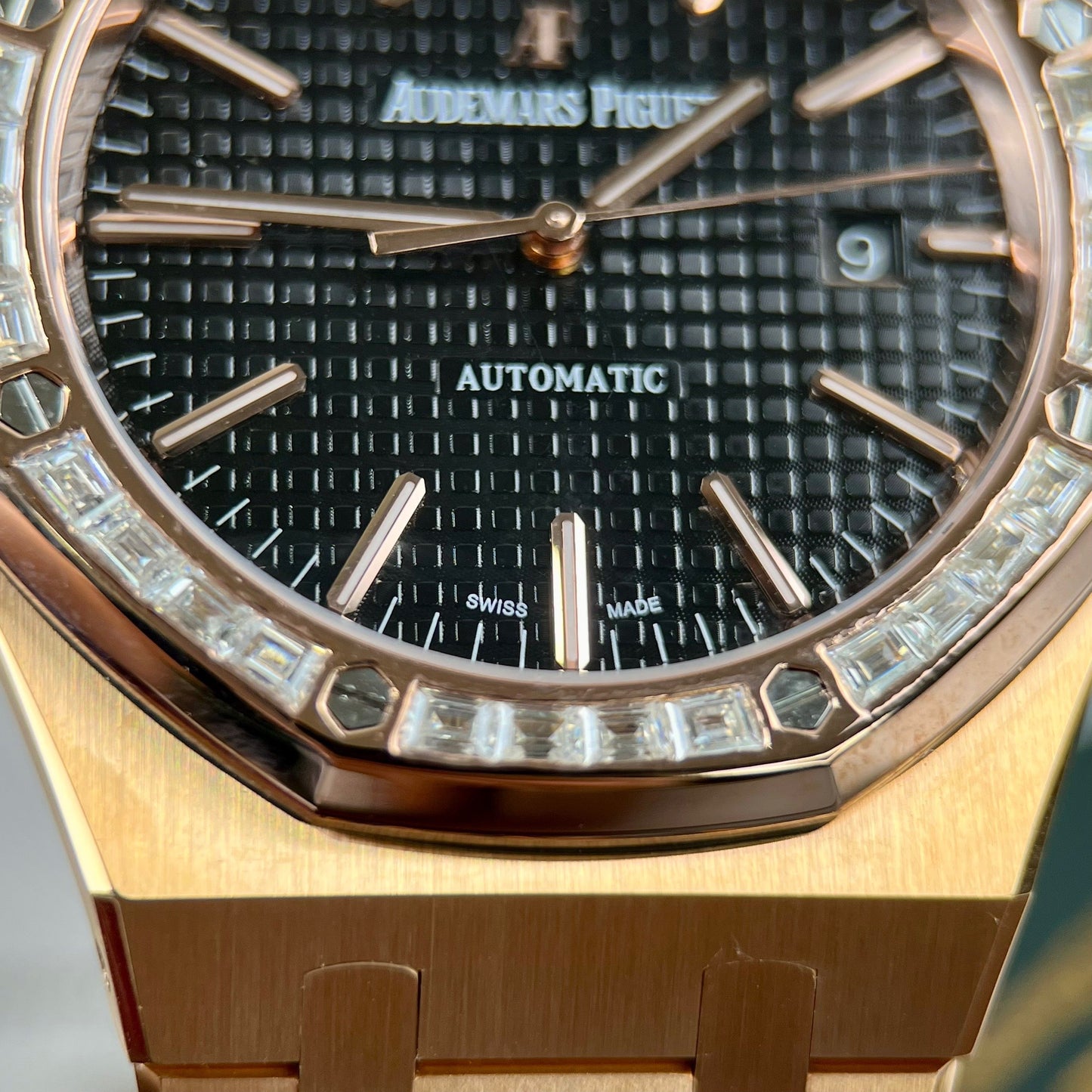 Audemars Piguet Royal Oak 15400OR custom Moissanite baguette and 18k rose gold EU Watch Store