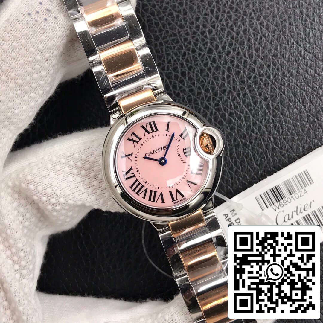 Ballon Bleu De Cartier 28MM 1:1 Best Edition V6 Factory V8 Pink Dial Gold Strap US Replica Watch