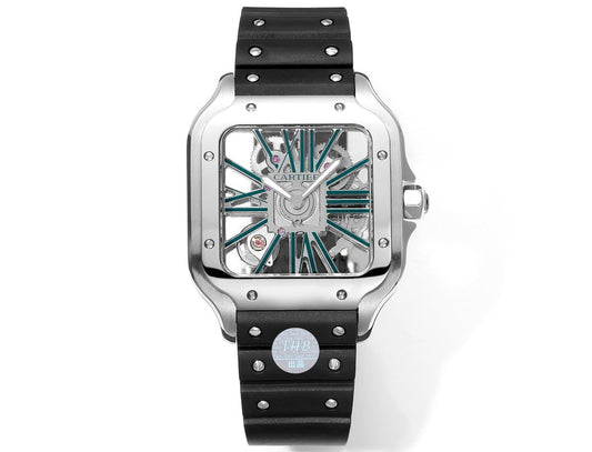 Cartier santos Skeleton 40mm THB Factory 1:1 Best Edition cassa bianca e cinturino nero