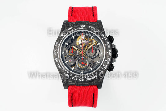 Rolex Daytona Skeleton Dial Diw Custom NTPT Carbon Case 1:1 Best Clone Red Velcro Strap