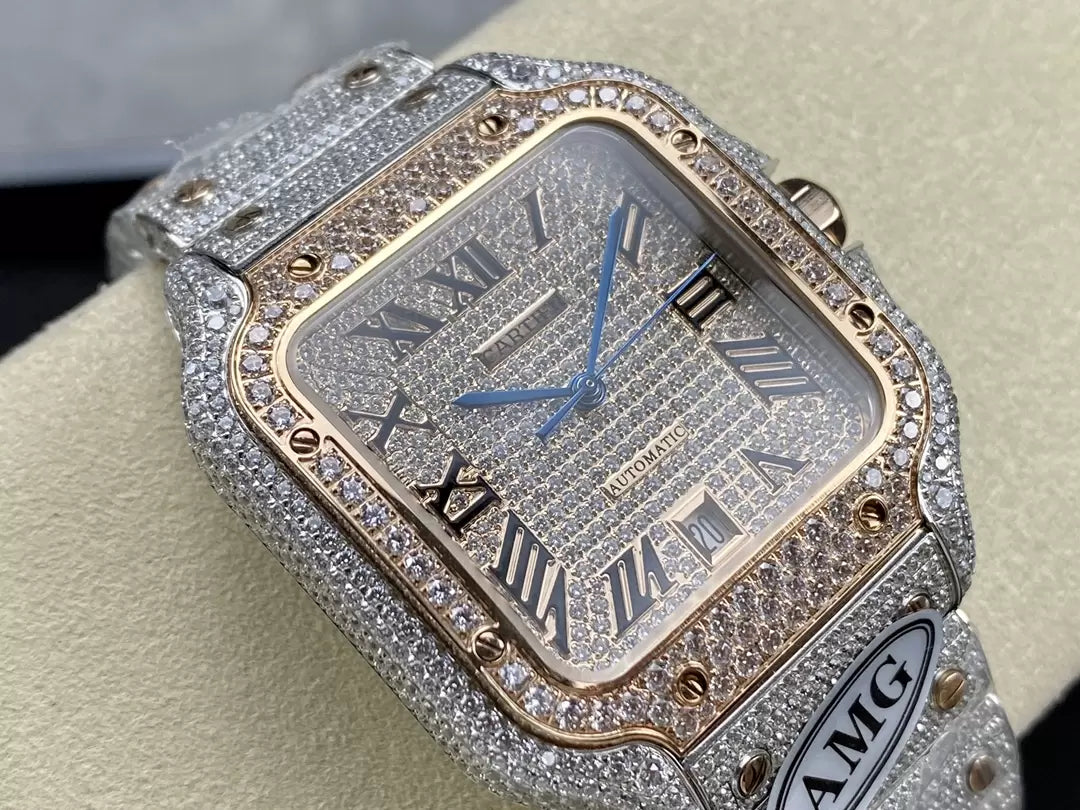 Santos De Cartier Relojes con diamantes Esfera de oro rosa 1:1 Mejor edición AMG Factory Swarovski Stone