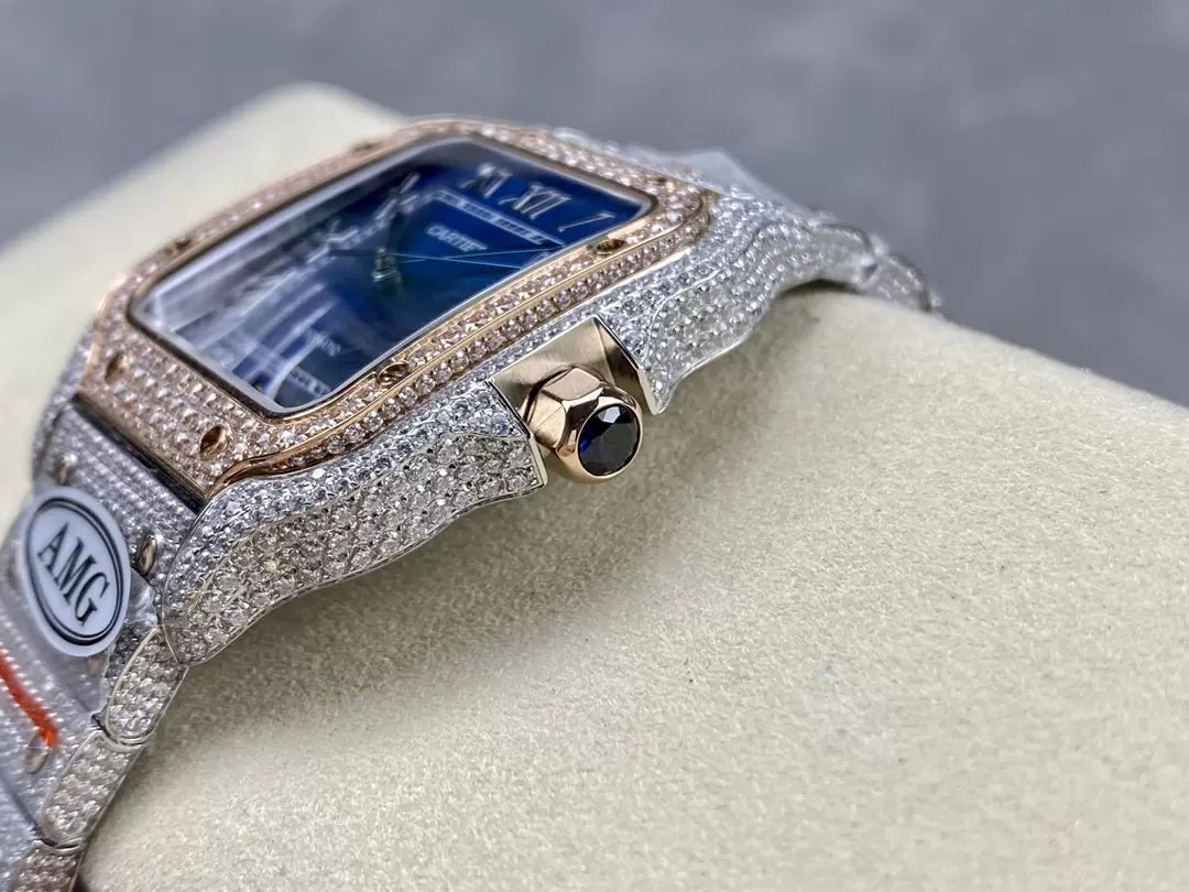 Santos De Cartier Diamond Watches Blue Dial 1:1 Best Edition AMG Factory Swarovski Stone