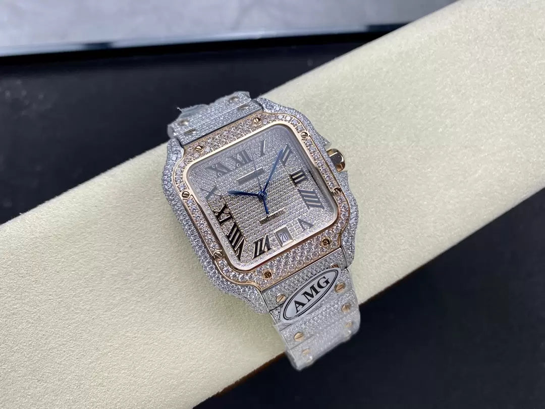 Santos De Cartier Relojes con diamantes Esfera de oro rosa 1:1 Mejor edición AMG Factory Swarovski Stone