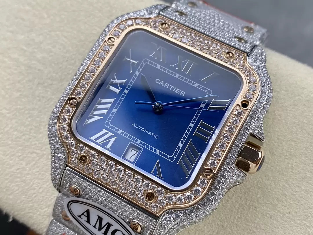 Santos De Cartier Diamond Watches Blue Dial 1:1 Best Edition AMG Factory Swarovski Stone