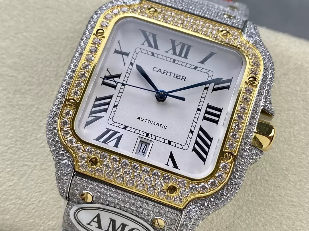 Santos De Cartier Diamond Watches White Dial and Gold 1:1 Best Edition AMG Factory Swarovski Stone