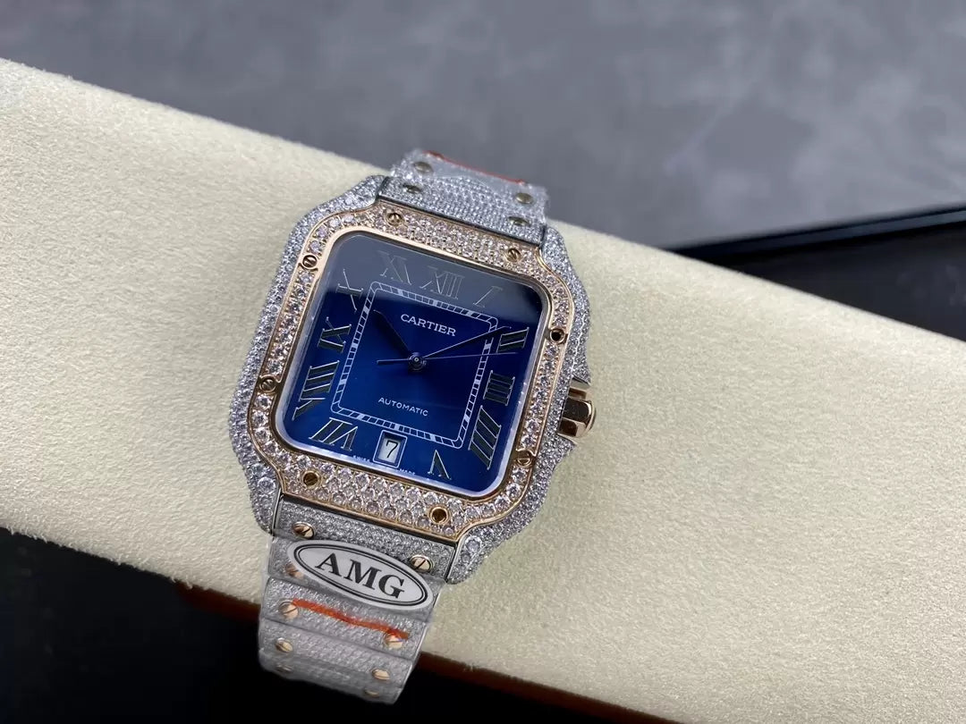 Santos De Cartier Relojes con diamantes Esfera azul 1:1 Mejor edición AMG Factory Swarovski Stone