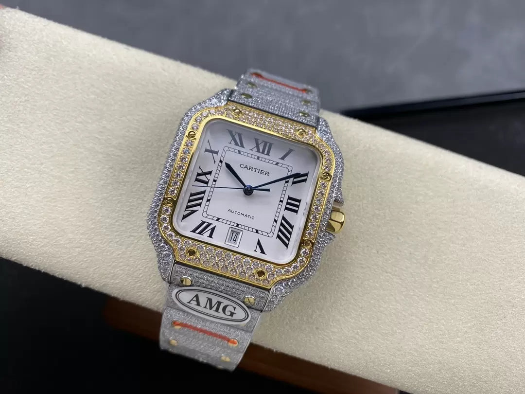 Santos De Cartier Diamond Watches White Dial and Gold 1:1 Best Edition AMG Factory Swarovski Stone