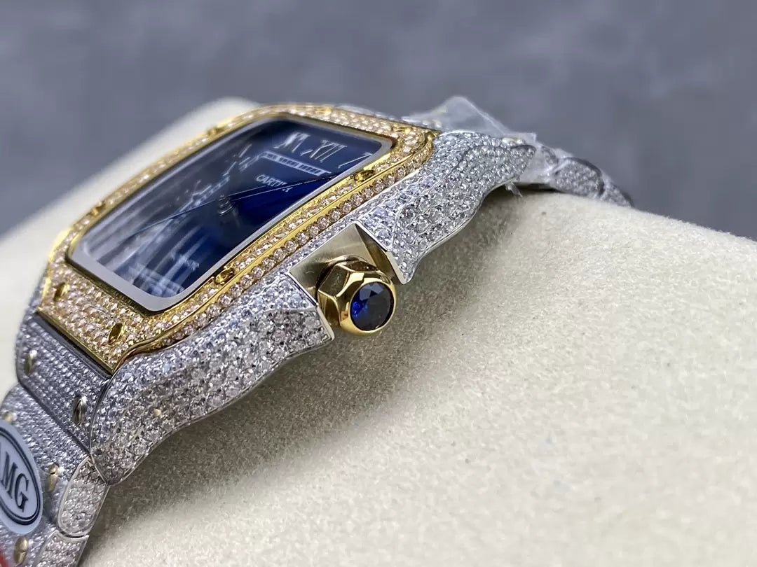 Santos De Cartier Relojes con diamantes Esfera azul y oro 1:1 Mejor edición AMG Factory Swarovski Stone