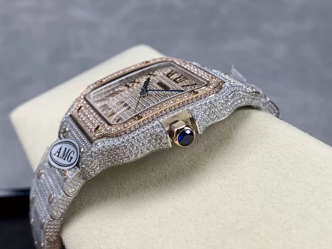 Santos De Cartier Diamond Watches Rose Gold Dial 1:1 Best Edition AMG Factory Swarovski Stone