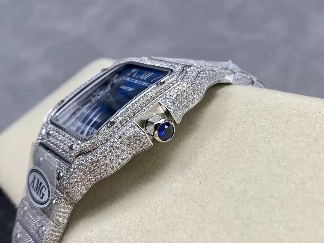 Santos De Cartier Relojes con diamantes Esfera azul y plata 1:1 Mejor edición AMG Factory Swarovski Stone