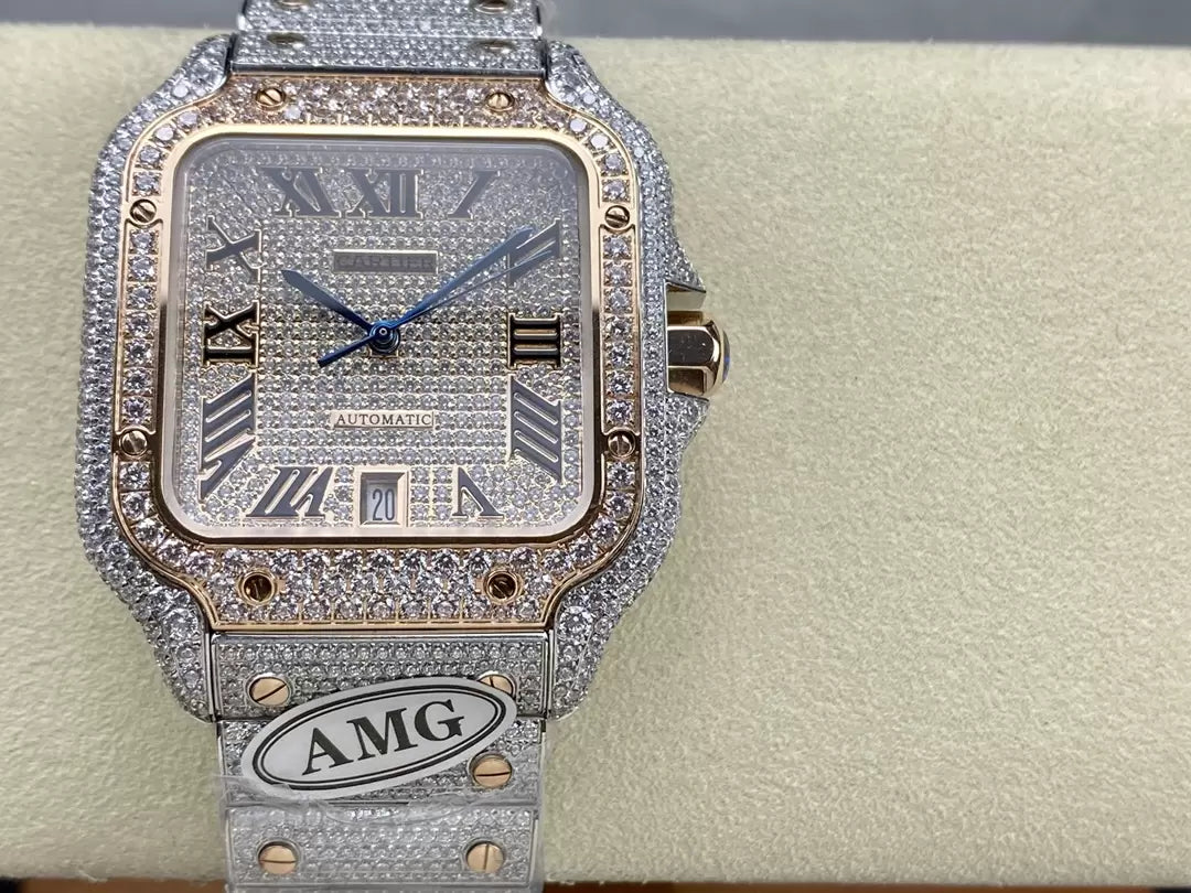 Santos De Cartier Relojes con diamantes Esfera de oro rosa 1:1 Mejor edición AMG Factory Swarovski Stone