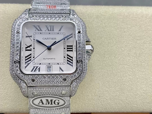 Orologi con diamanti Santos De Cartier quadrante bianco e argento 1:1 Best Edition AMG Factory Swarovski Stone